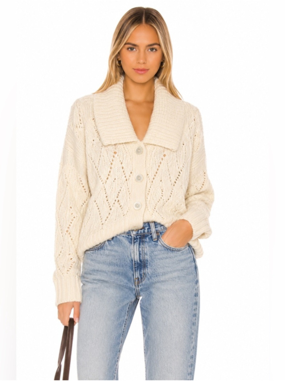 Sincerely Jules Ivory Open-Knit Shawl-Collar Button Cardigan